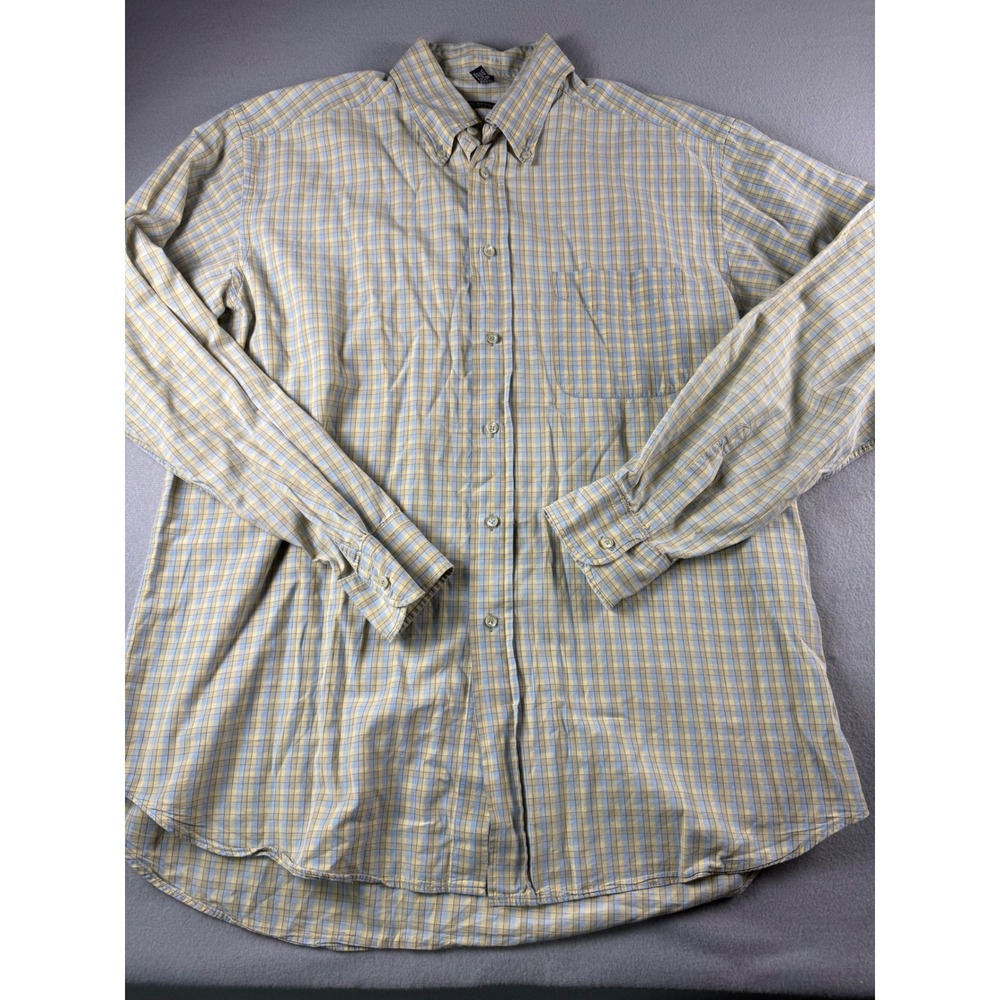 Beau Brummel Mens Plaid Button Down Shirt Yellow Blue 100% Cotton Made in Italy